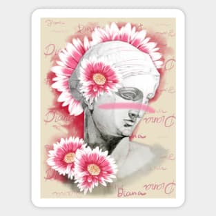 Diana head statue with a pink gerberas flowers on a pink background. Magnet